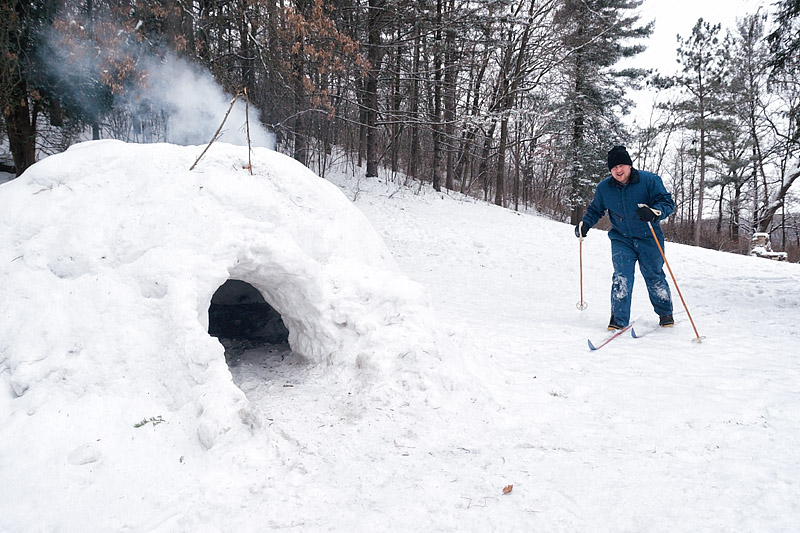 winter camping in a snow igloo