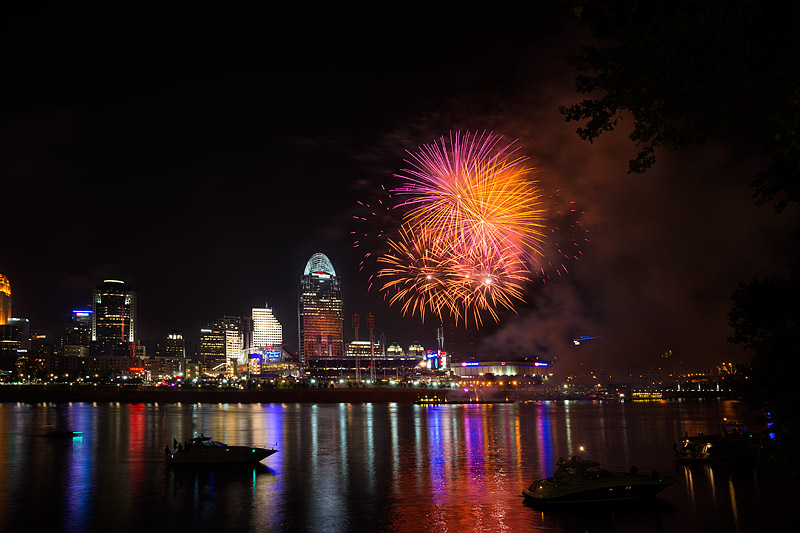 Fireworks over Ohio River, Cinncinati, OH, USA