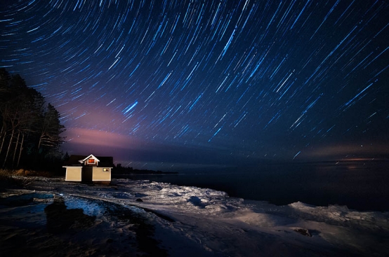 Starry sky in northern Minnesota on a winter night, Two Harbors, MN, USA