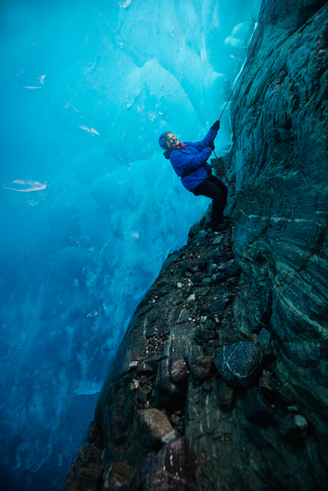 Rappeling down ice cave on Lemon Glacier, Juneau Icefield, Juneau, Alaska, USA