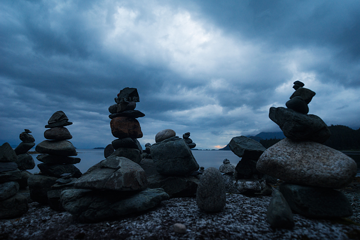 Stacked rocks on the rocky shore, Shrine to St Terese, Juneau, Alaska