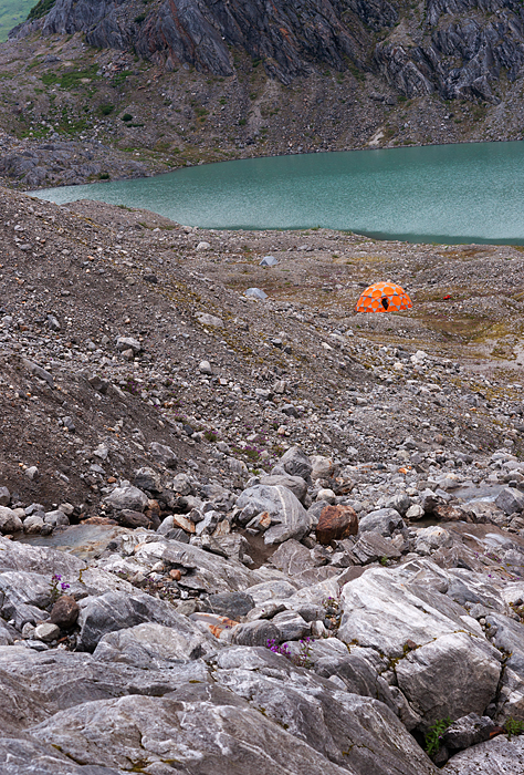 Base camp for trekking adventure on Lemon Glacier, Juneau Icefield, Juneau, Alaska, USA