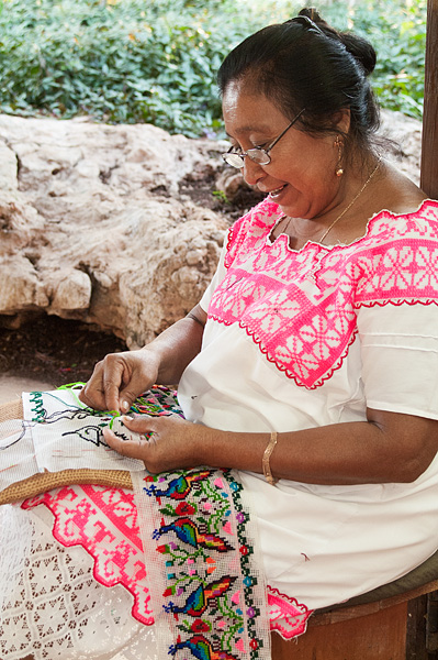 Mayan woman embroidering Yucatan, Mexico