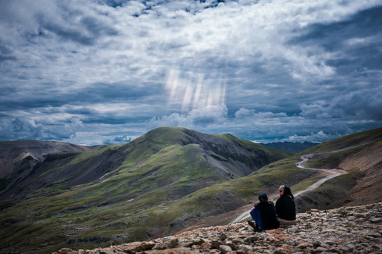 Two young Mennonite women at Imogene Pass, Colorado West jeep tour, Imogene Pass, Ouray, Colorado, USA