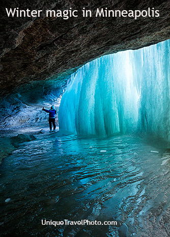 Exploring behind Minnehaha frozen waterfall in Minneapolis, Minnesota, USA #frozenwaterfall #minnesotawinter #winteradventures #minnehahawaterfall #minnesotaicecave