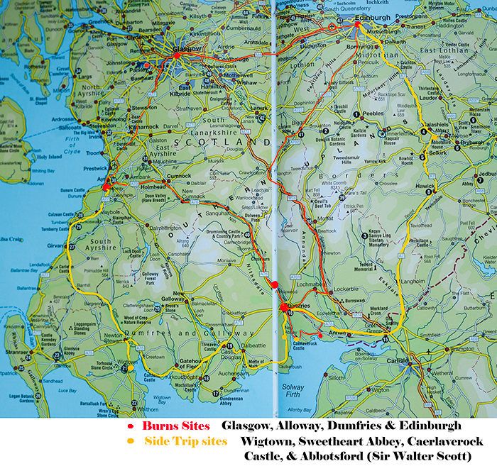 Robert Burns trail route on a map