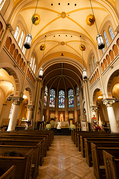 Cathedral of St. John, a 1916 turreted Dutch Romanesque landmark in downtown, Lafayette, Louisiana, USA