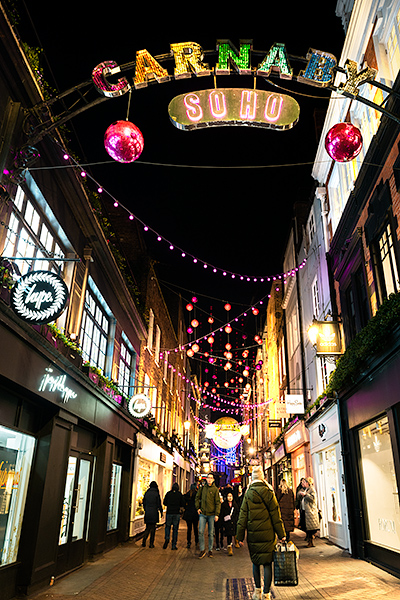 Soho decorations at night in London at Christmas