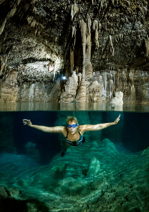 swimming at Choj Ha Cenote, Yucatan, Mexico