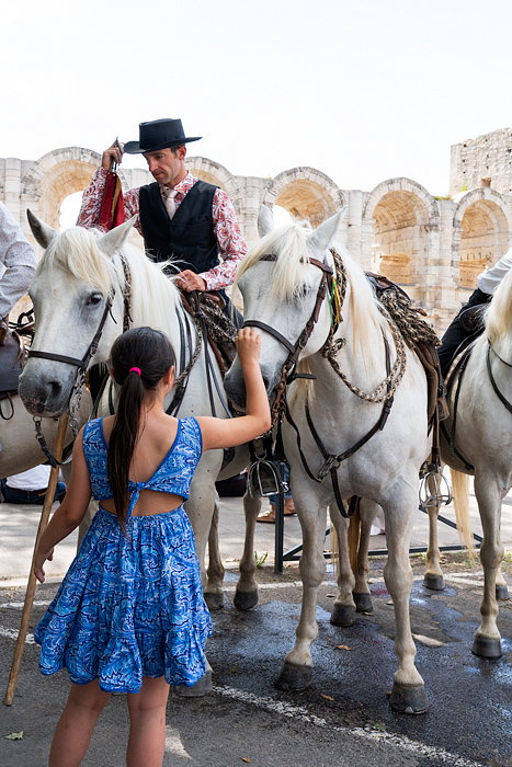 Gardian on a white Camargue horse at a festival in Arles, France